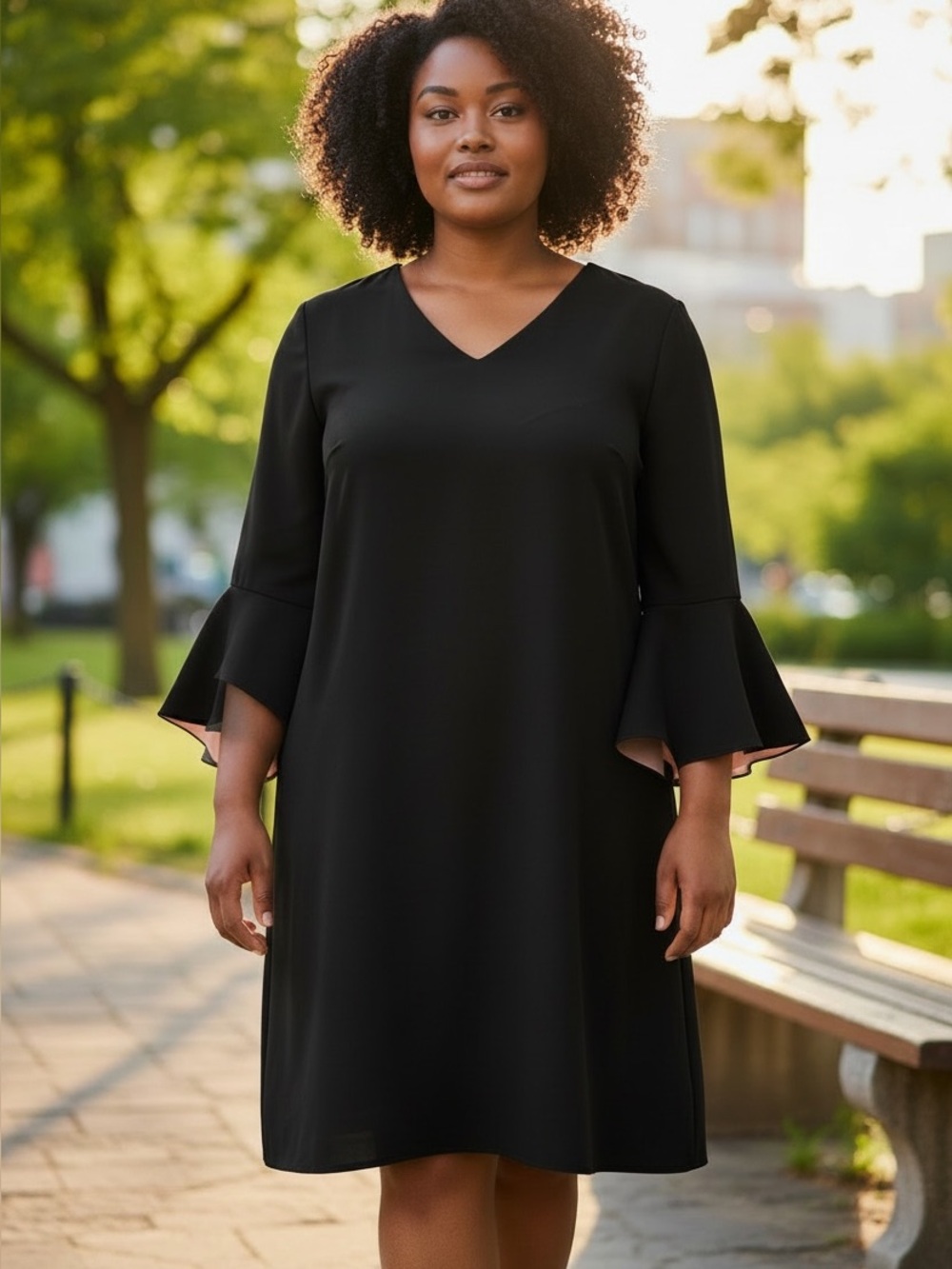 Elegant Black V-Neck Dress with Blush Sleeve Detail